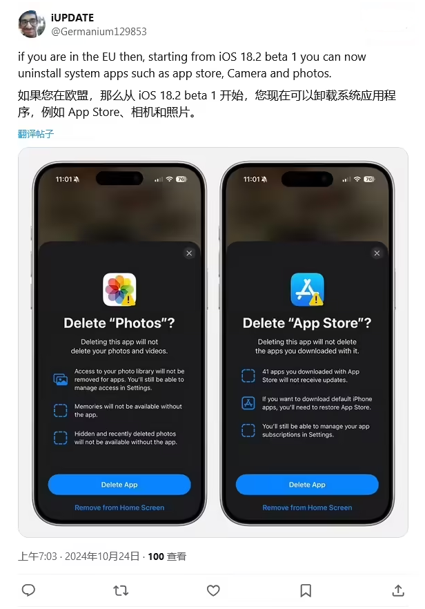 总口管理区苹果手机维修分享iOS 18.2 支持删除 App Store 应用商店 