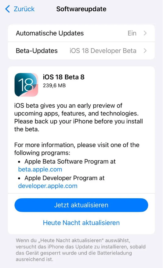 总口管理区苹果手机维修分享苹果 iOS / iPadOS 18 开发者预览版 Beta 8 发布 